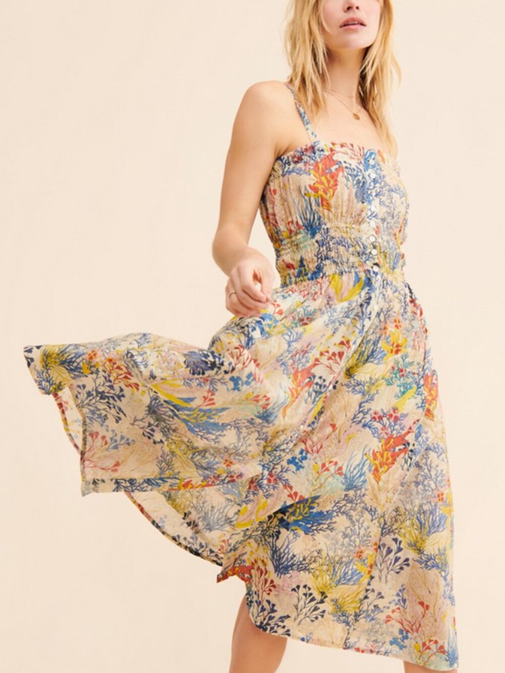 CHUFY Jimmy Midi Dress in Botanical Asham Sleeveless flowy sun coastal beach M